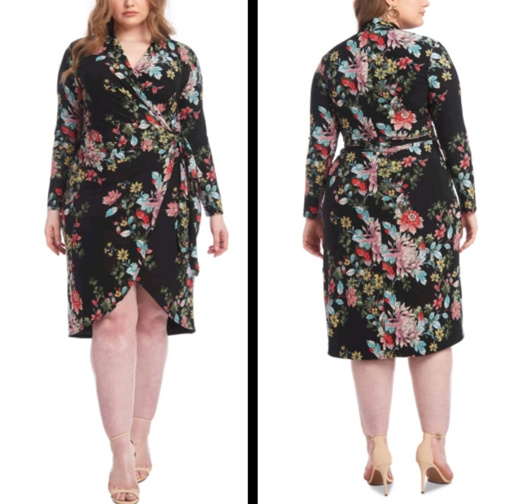 1X Women RACHEL RACHEL ROY Womens Black Faux Wrap Long Sleeve Stretchy Dress
